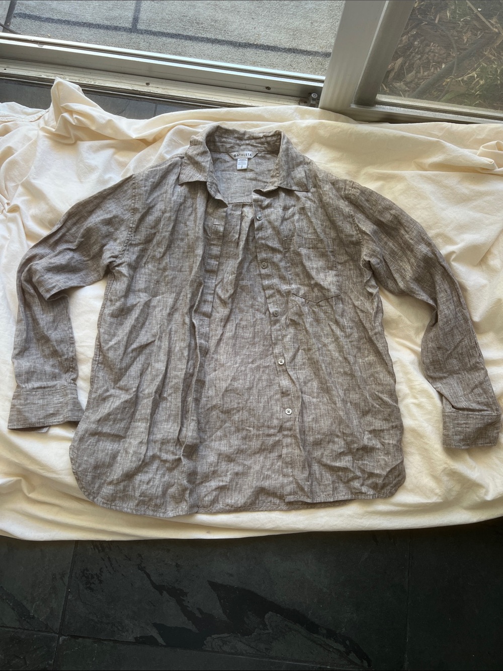 Athleta Linen Lightweight Taupe Button-Up Shirt